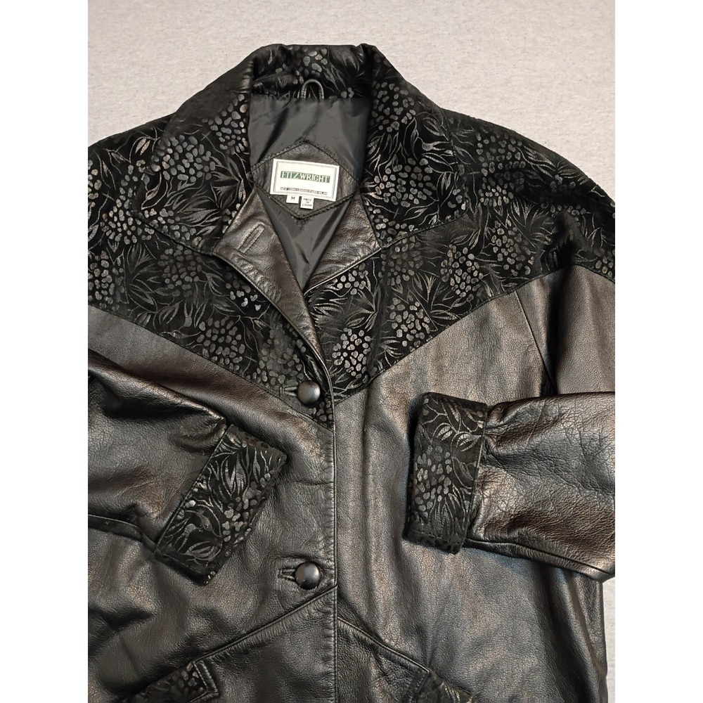 Fitzwright Vintage Black Leather Jacket Floral Embossed Western Yoke Womens Med
